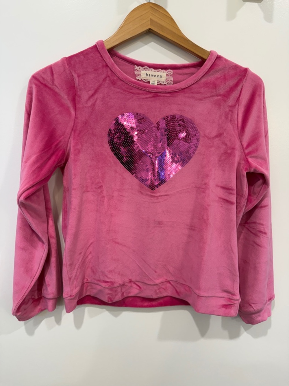 Pink Sequin Heart Velvet Long-Sleeve Top for Girls